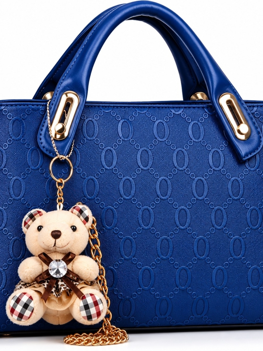 Classic Blue Women's Tote Handbag with Teddy Charm